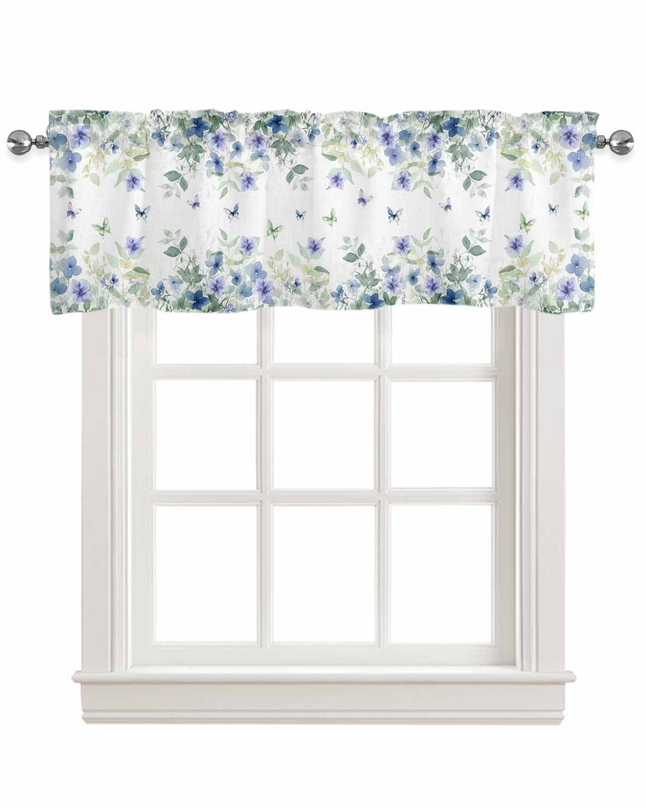 Leaf Butterfly Kitchen Valances for Windows Farmhouse Linen Window Valance Curtain for Living Room Window Treatment Watercolor Sage Green Purple Floral Valance Rod Pocket Topper Drape, 42 x 18 Inch