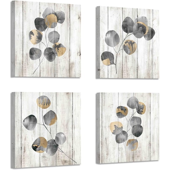 Leaf Canvas Picture Wall Art: Botanical Plant Leaves with Wooden Texture Painting Artwork for Bedrooms Kitchen (16" Wx16 Hx4 PCS, Multi-Sized)