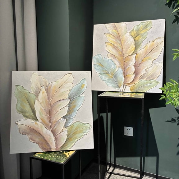 Leaf Canvas Wall Art 24x24 Set of 2 - Textured Neutral Green Botanical Painting with Gold Accents