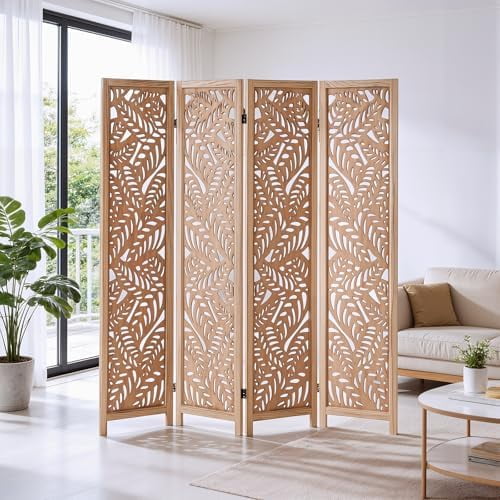 Leaf-Carved Room Divider Folding Privacy Screen, 67 Inch Tall Wooden Carved Room Divider, Portable Divider for Room Separation, Boho Room Partitions for Home Office (Natural)