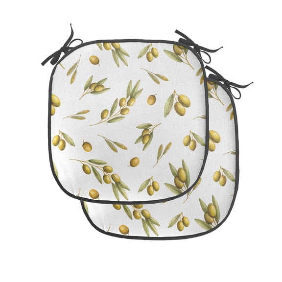 Leaf Chair Seating Cushion Set of 2, Mediterranean Watercolor Branches and Leaves of Olives with Nature Art Print, Seat Pads with Anti-slip Backing, 16"x16", Green Yellow Olive, by Ambesonne