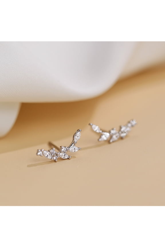 Leaf Climber Earrings, Diamond Flower Earrings, Crystal Stud Earrings, Dainty Wedding Jewelry, Bridal Earrings, Silver Ear Climber