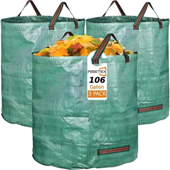 Leaf Collector 3-Pack | 106Gal Eco-Friendly Reusable Leaf Bags | Heavy-Duty Self-Standing Yard Waste Container w/4 Handles for Lawn Maintenance & Outdoor Recycling