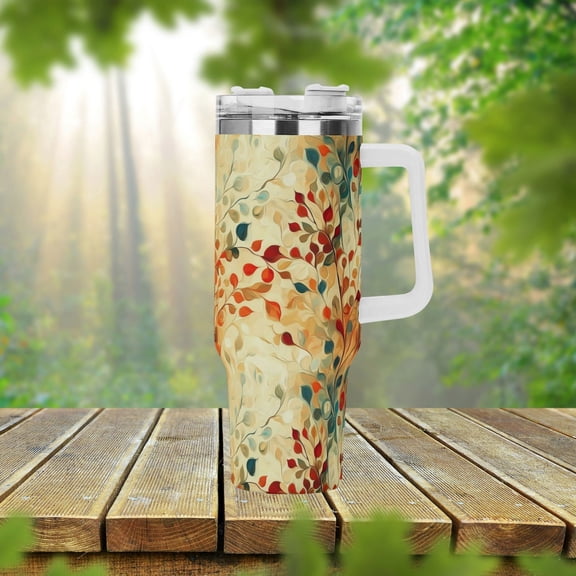 Leaf Cottagecore 40oz Stainless Steel Tumbler With Handle Lid and Straw, Nature Botanical Leaves Drink Cup, Travel Tumbler, Fun Tumbler Gift