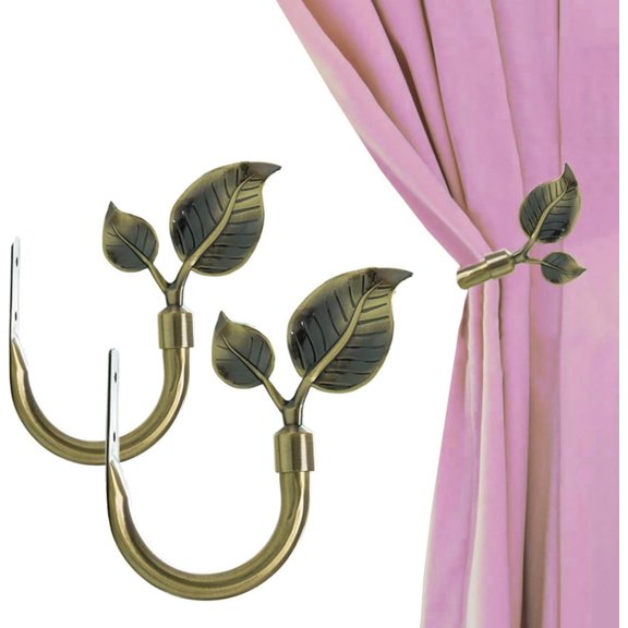 Leaf Curtain Holdbacks, Curtain Tiebacks - Antique Brass Botanical Holdbacks & Side Holders, Window Curtain holdbacks for Fresh Drapes Window Decor, 2pcs