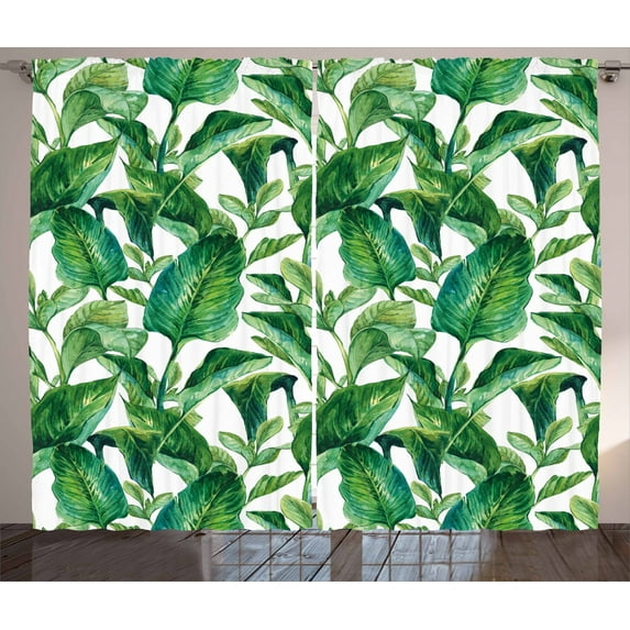 Ambesonne Leaf Curtains 2 Panel Set, Watercolored Banana Tree, 108" x 84", Forest Green Dark Green