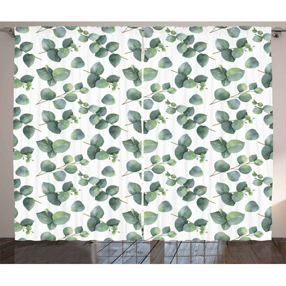 Ambesonne Leaf Curtains 2 Panel Set, Watercolor Eucalyptus Art, 108" x 108", Green Pale Brown White