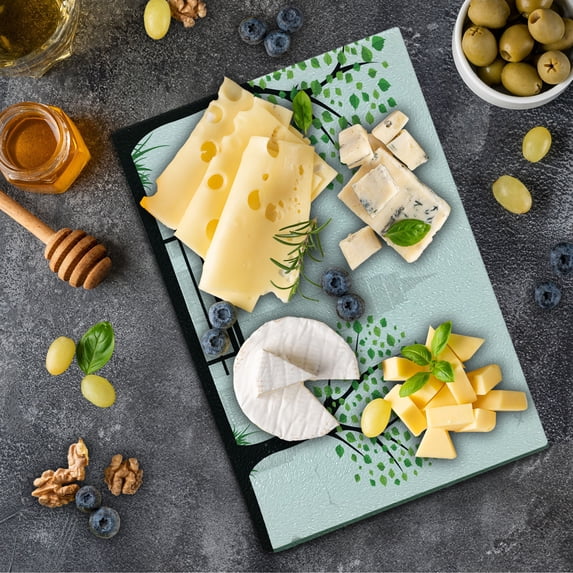 Leaf Cutting Board, Minimalist City with Simple Lines and Leaf Patterns in Boho Design Print, Decorative Tempered Glass Cutting and Serving Board, Small Size, Green Black, by Ambesonne