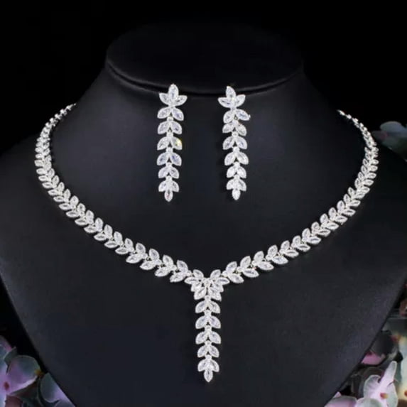 Leaf Dangle Drop Party Earring Necklace CZ Gold Wedding Jewelry Set for Brides