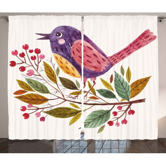 Ambesonne Watercolor Curtains 2 Panel Set, Birds on a Branch, 108" x 90", Purple Fern Green