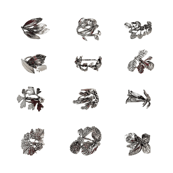 Bakayoyo Elegant Vintage Silver Herb Napkin Rings Set of 12 - Glossy Leaf Napkin Holders, Metal Table Adornment for Christmas, Thanksgiving, Weddings & Holiday Parties