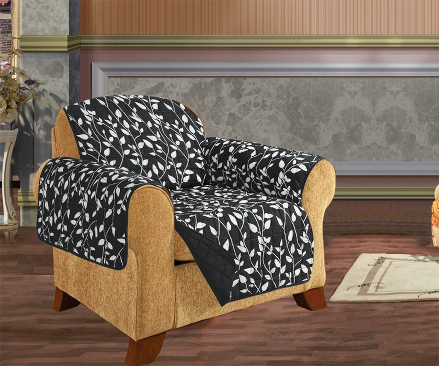 Leaf Design Quilted Water Reversible Furniture Protector/Slipcover Chair Size Black