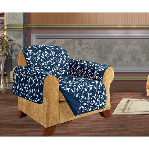 Leaf Design Quilted Water Reversible Furniture Protector/Slipcover Chair Size Navy Blue