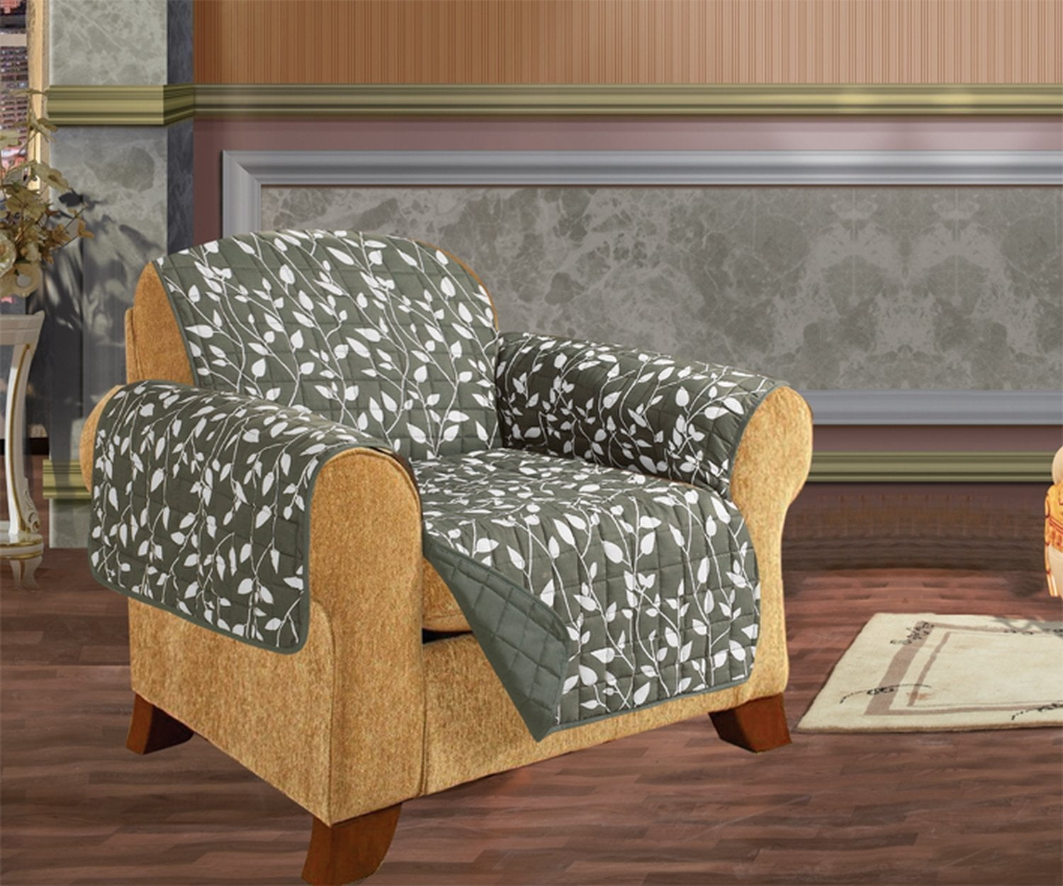 Leaf Design Quilted Water Reversible Furniture Protector/Slipcover Chair Size Sage/Green