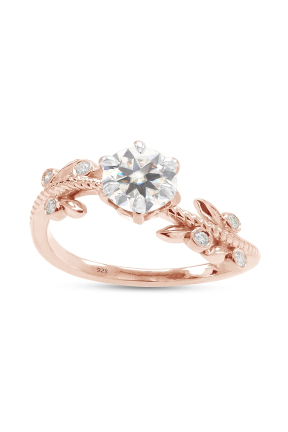 Leaf Design Ring Center 1 Carat Round Cut Moissanite Lab Created Diamond Beaded Solitaire Engagement Promise Ring In 14K Rose Gold Over Sterling Silver Ring Size-7