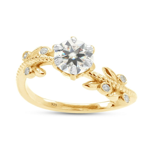 Leaf Design Ring Center 1 Carat Round Cut Moissanite Lab Created Diamond Beaded Solitaire Engagement Promise Ring In 14K Yellow Gold Over Sterling Silver Ring Size-10