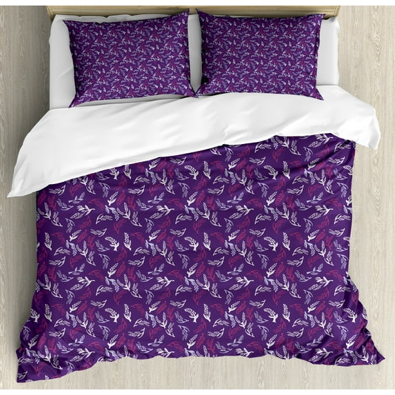Leaf Duvet Cover Set, Floral Leaves Pattern in Abstract Design Natural Art, Decorative 3 Piece Bedding Set with 2 Pillow Shams, Queen Size, Quartz Dark Magenta, by Ambesonne