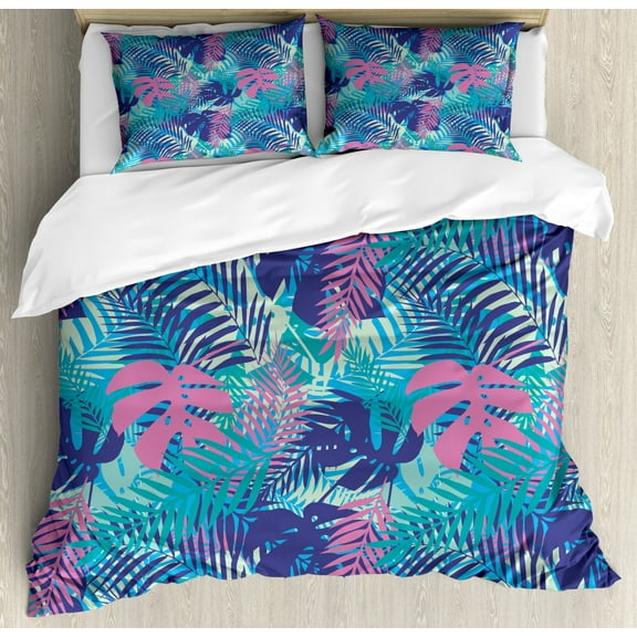 Leaf Duvet Cover Set King Size, Digital Neon Vivid Colored Island Oceanic Flowers and Leaves, Decorative 3 Piece Bedding Set with 2 Pillow Shams, Pink Turquoise Dark Blue Purple, by Ambesonne