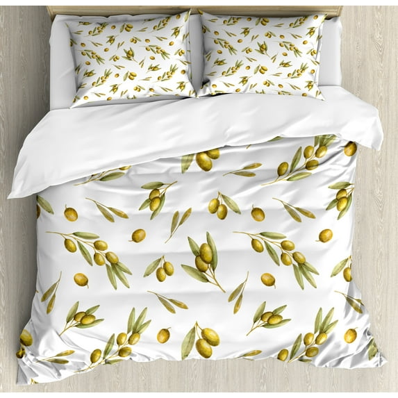 Leaf Duvet Cover Set, Mediterranean Watercolor Branches and Leaves of Olives with Nature Art Print, Decorative 3 Piece Bedding Set with 2 Pillow Shams, King Size, Green Yellow Olive, by Ambesonne