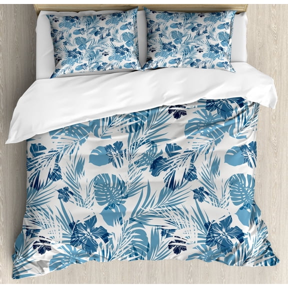 Leaf Duvet Cover Set Queen Size, Island Ocean Beach Sea Inspired Hawaiian Flowers Palm Tree Leaves Art Print, Decorative 3 Piece Bedding Set with 2 Pillow Shams, Dark Blue and Lilac, by Ambesonne