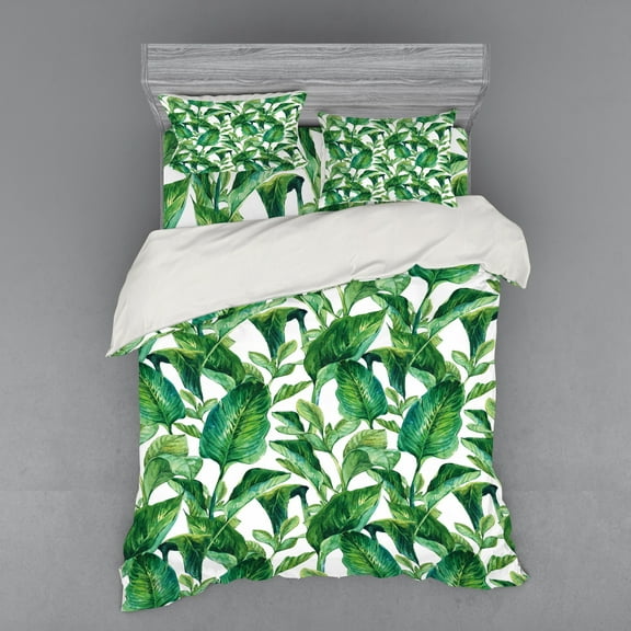 Leaf Duvet Cover Set, Romantic Holiday Island Hawaiian Banana Trees Watercolored Image, Bedding Set with Shams and Fitted Sheet, 3 Sizes, by Ambesonne