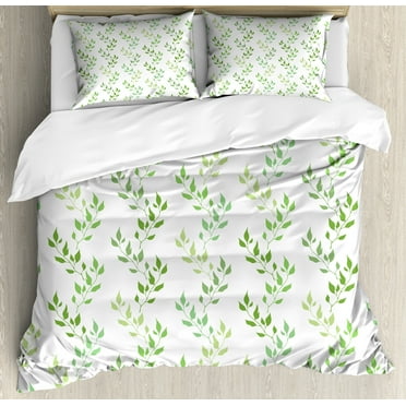 Leaf Duvet Cover Set, Symmetrical Olive Leaves and Wavy Branches with Patterns Classical Illustration, Decorative 3 Piece Bedding Set with 2 Pillow Shams, Calking Size, Green, by Ambesonne