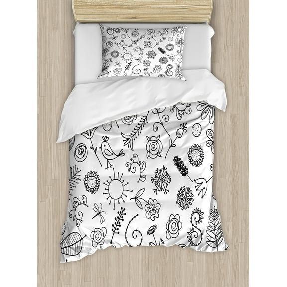 Leaf Duvet Cover Set, Things from Nature in Sketch Form Birds Flowers Strawberry Sunflower Ferns Print, Decorative 2 Piece Bedding Set with 1 Pillow Shams, Twin Size, Black White, by Ambesonne