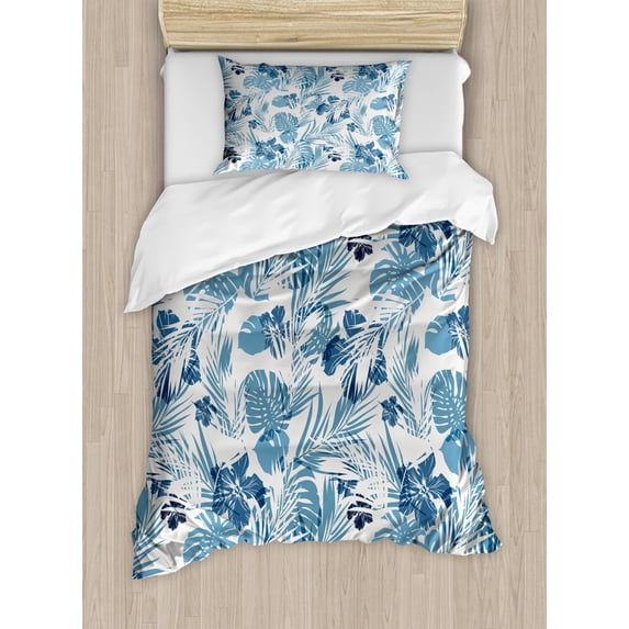 Leaf Duvet Cover Set Twin Size, Island Ocean Beach Sea Inspired Hawaiian Flowers Palm Tree Leaves Art Print, Decorative 2 Piece Bedding Set with 1 Pillow Sham, Dark Blue and Lilac, by Ambesonne