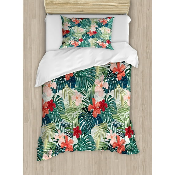 Leaf Duvet Cover Set Twin Size, Summer Beach Holiday Themed Hibiscus Plumeria Crepe Ginger Flowers, Decorative 2 Piece Bedding Set with 1 Pillow Sham, Pink Red Green and Dark Green, by Ambesonne