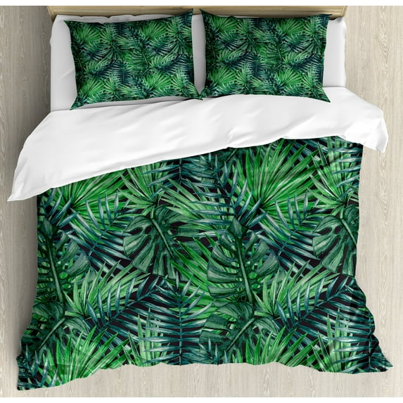 Leaf Duvet Cover Set, Watercolored Old Design Print of Palm Tropic Exotic Forest Leaves, Decorative 3 Piece Bedding Set with 2 Pillow Shams, King Size, Forest Green Dark Green, by Ambesonne