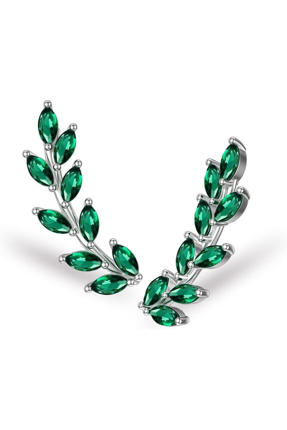 Leaf Ear Climber Earrings for Women 925 Sterling Silver Green Emerald Ear Crawler Earrings May Birthstone Jewelry Gifts