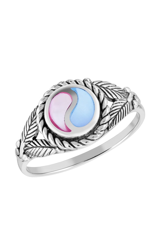 Leaf Embrace Soulful Yin-Yang Pink-Blue Mother of Pearl Sterling Silver Ring-10