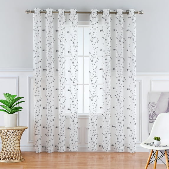 Leaf Embroidered Grommet Voile Curtain Drapes, 2 Panels Rod Pocket Semi Sheer Chiffon Curtains