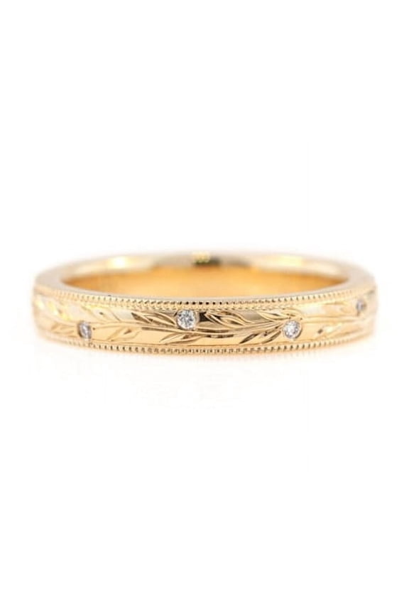 Leaf Engraved Moissanite 18K Yellow Gold Over Silver Band | Nature Inspired Wedding Band Men Women | Comfort Fit Flat Marriage Band His Her |Vine Floral Ring