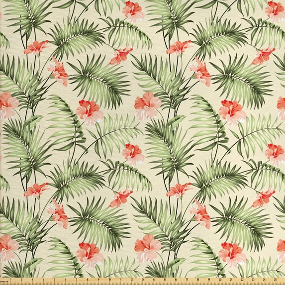 Leaf Fabric by the Yard, Hawaiian Aloha Nature Pattern with Rainforest Elements Palm Branches Hibiscus, Upholstery Fabric for Dining Chairs Home Decor Accents, Peach Salmon Green by Ambesonne