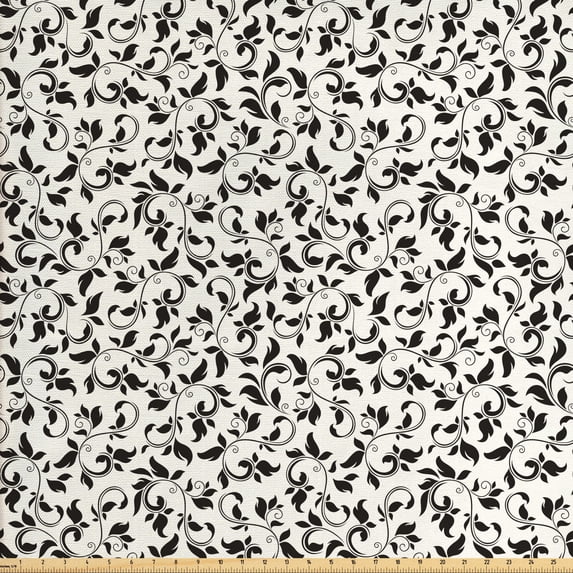 Leaf Fabric by the Yard, Monotone Pattern Swirled Skinny Branches Leaves Old Fashioned Scroll, Upholstery Fabric for Dining Chairs Home Decor Accents, Black Cream by Ambesonne