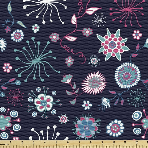 Ambesonne Leaf Fabric by the Yard Upholstery, Pansy Bluebell Dandelion, 1 Yard, Sea Green Indigo