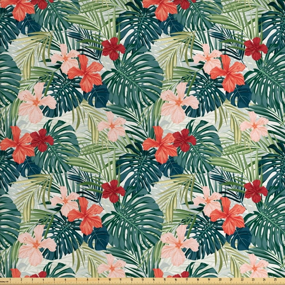 Ambesonne Leaf Fabric by the Yard Upholstery, Nature Crepe Ginger Flower, 5 Yards, Dark Green Green