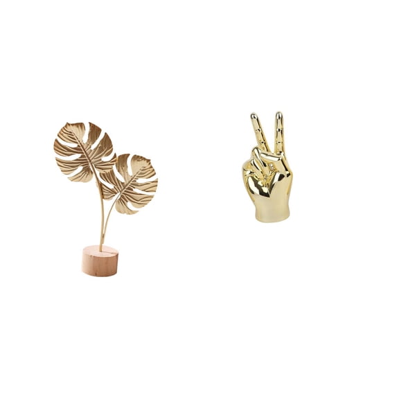 Leaf Figurine Metal Sculpture Hand Gesture Statue Creative Resin Wood Base for Office Bedroom Display