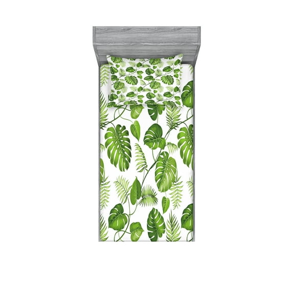 Leaf Fitted Sheet & Pillow Sham Set, Brazilian Rainforest Foliage Nature Ivy Swirls Palm Banana Trees Leaves Art Print, Decorative Printed 4 Piece Bedding Decor Set, Twin, Pale Green, by Ambesonne
