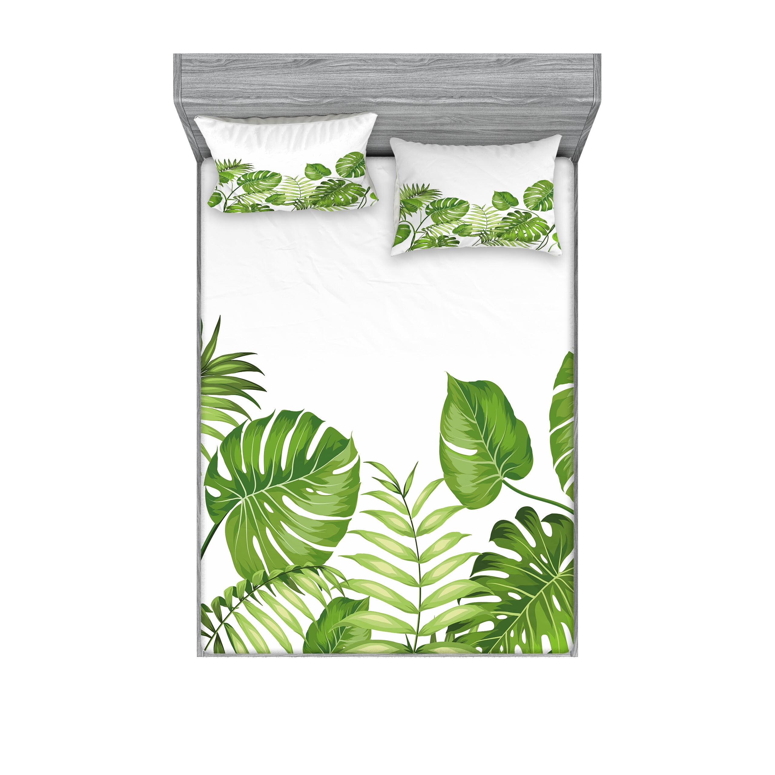 Leaf Fitted Sheet & Pillow Sham Set, Nature Jungle Forest Rainforest