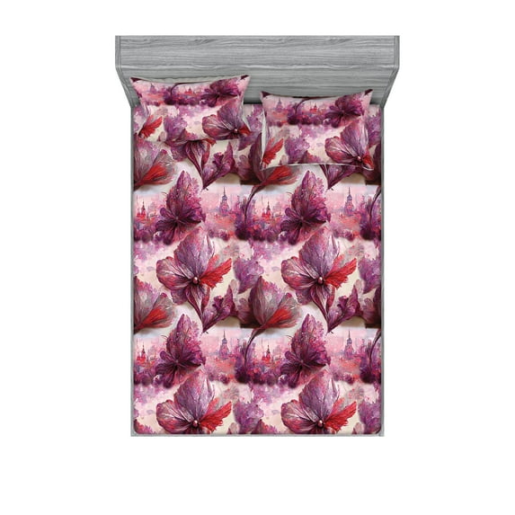 Leaf Fitted Sheet & Pillow Sham Set, Watercolor Painting Romantic Leaves and Historic European Town Silhouettes, Decorative Printed 3 Piece Bedding Decor, Full, Plum Coral Pale Pink, by Ambesonne
