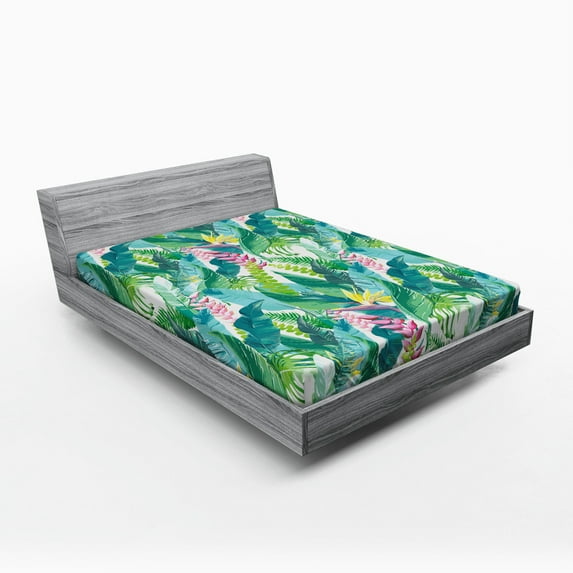 Ambesonne Leaf Fitted Sheet, Flowers Plumeria Lilacs, Full Size, Yellow Green Pale Blue