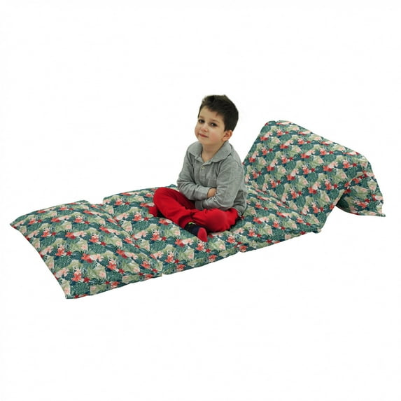 Leaf Floor Pillow Lounger Cover, Summer Beach Holiday Themed Hibiscus Plumeria Crepe Ginger Flowers, Nap Mat Printed Fabric Case for 5 Pillows, 88" x 36", Dark Green Green, by Ambesonne