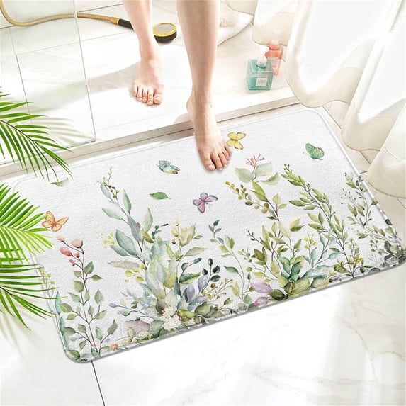 Leaf Floral Bath Mats for Bathroom,Green Leaf Non Slip Bathroom Rug,Rubber Non-Slip Absorbent Soft Bathroom Rug,Imitation Cashmere Bathroom Mat,for Tub Shower Sink (17L x 27W)