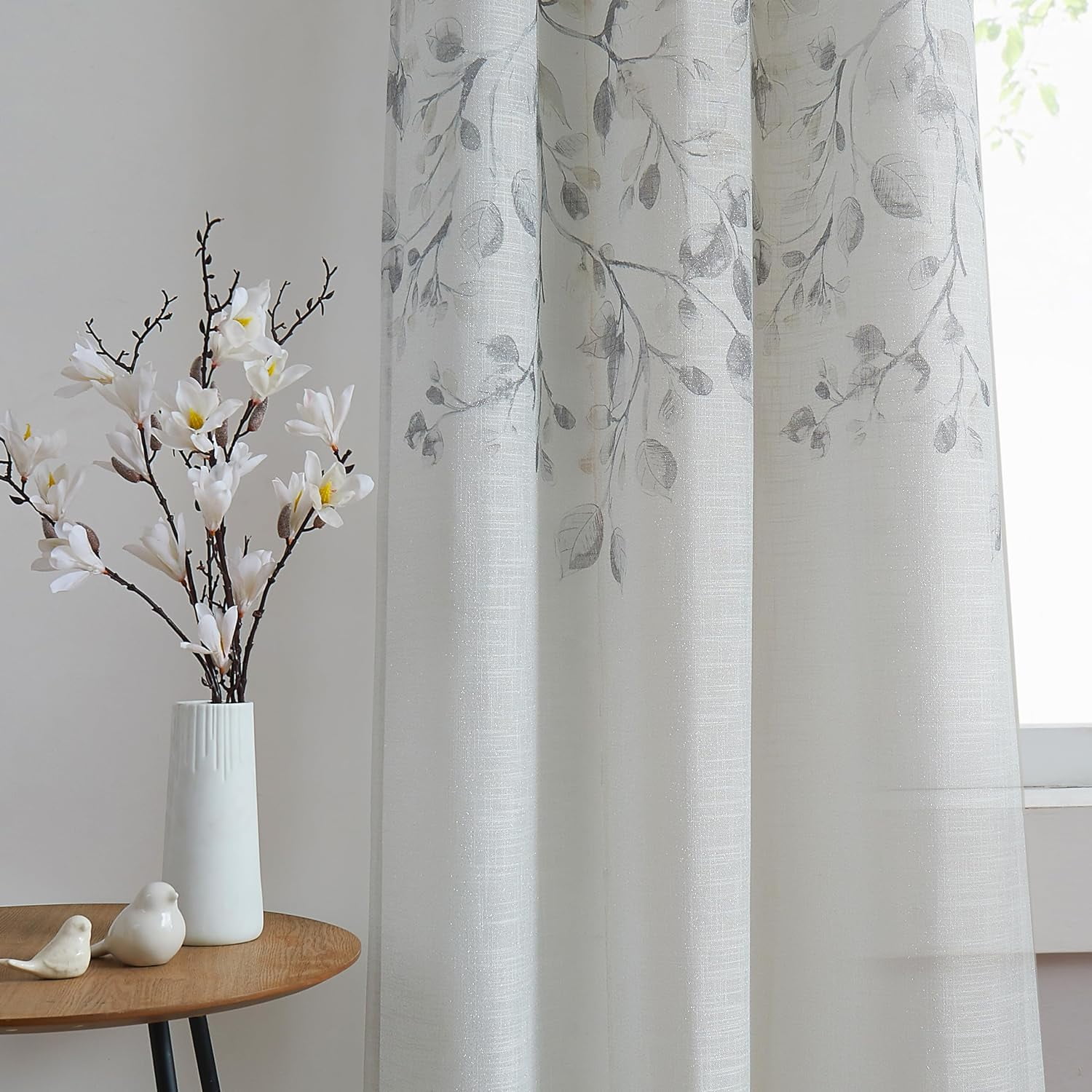 Central Park Leaf Floral Sheer Curtain Panels - Metallic Sparkle, Linen Texture, 40x95 Inches, 2 Pack, Navy Blue