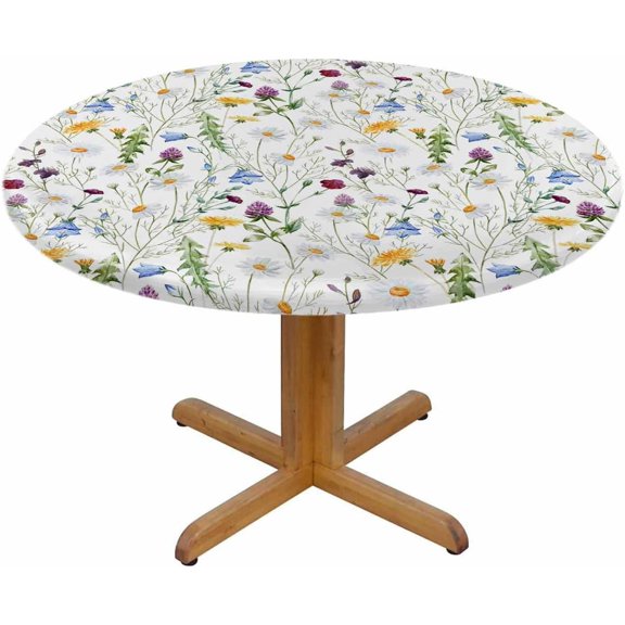 Leaf Floral Round Table Cloth Watercolor Chamomile Clover Wild Flowers Elastic Edged Table Cover Fade and Stain Resistant Table Cloths Easy to Clean Fits Tables 40-44" Diameter