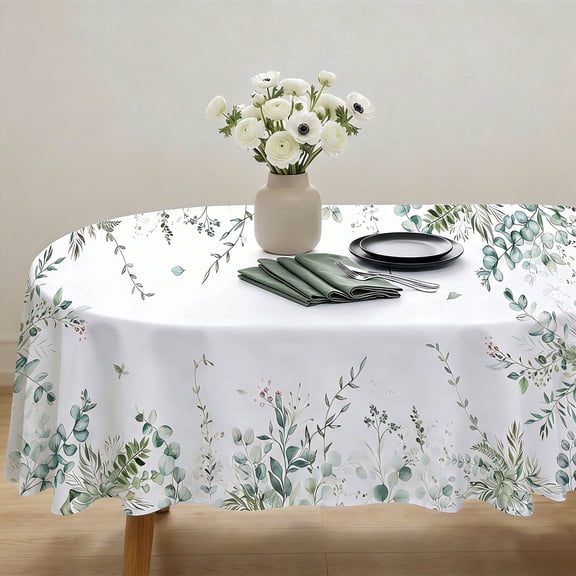 Sage Green Leaf Floral Oval Tablecloth 60x102in, Waterproof Farmhouse Table Cover for Indoor Outdoor Dining