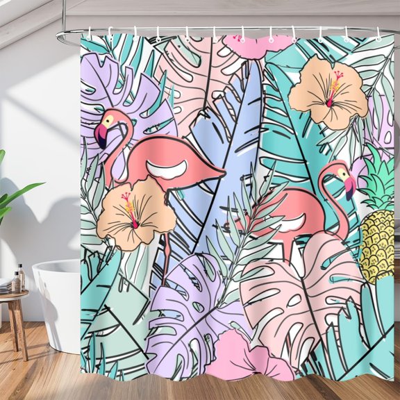 Leaf Flower Flamingos Shower Curtain for Bathroom Shower Curtain Set with 12 Hooks Waterproof Fabric Bath Curtain for Bathtub Restroom Decor, 72 X 72 in