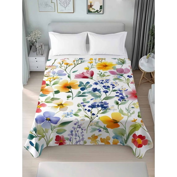 Leaf Flower Full Size Flat Sheet, Wrinkleproof & Fadeproof Cooling Flat Bed Sheet Only, Plant Floral Garden Leaf Spring Summer Breathable Soft Bedding Top Sheets 81 x 96 Inches